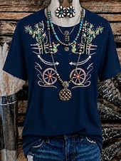 Χαμηλού Κόστους Boho t-shirt-γυναικείο μπλουζάκι western boho με εκτύπωση φλοράλ γραφικό γεωμετρικό vintage κομψό casual κοντομάνικο στρογγυλή λαιμόκοψη μακριές μπλούζες casual καθημερινό Σαββατοκύριακο μπλε μαύρο κόκκινο πράσινο