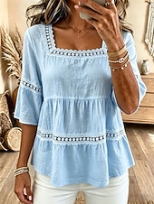  Women's Blouse Lace Trim Solid Color Vintage Stylish Classic 3/4 Length Sleeve Square Neck Regular Tops Casual Daily Blue White Pink Summer Spring