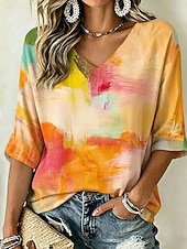 voordelige Kunst en Ontwerp Blouses-Dames Overhemd Ombre Grafisch Geometrisch Bohemen Vintage Modieus 3/4 mouw V-hals Normale tops Casual Dagelijks Uitgaan Geel Oranje Zomer Lente