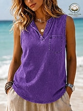  softfade™ maglietta henley da donna 100% cotone lavata canotta vintage tinta unita senza maniche casual da spiaggia blu viola arancione