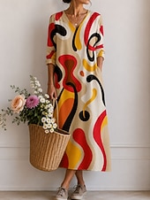  Women's Midi Dress Sundress Casual Dress A Line Dress Vacation Stylish Casual Holiday Regular Fit Graphic Geometric Long Sleeve V Neck Black Pink Orange Summer Spring