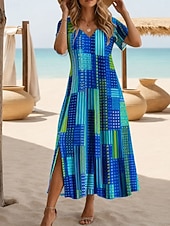 economico Abiti floreali-Per donna Abito maxi Abito a trapezio Casual Ferie Data Vestibilità regolare Floreale Grafico Leopardo Manica Corta Scollo a V Blu Rosso Viola Blu scuro Estate Primavera