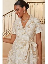 preiswerte Polished Edit-Damen A-Linie Cocktailkleid Kleid für Hochzeitsgäste Knöchellänge Revers Kurzarm Empire-Taille Elegant Vintage Mutter der Braut Formell mit Jacquard Gürtel Blumig Champagner