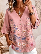  Mulheres Blusa Botões Floral Gráfico Elegante Férias Diário Manga 3/4 Decote V Tops regulares Casual Diário Feriado Amarelo Rosa Verde Verão Primavera