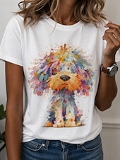 お買い得  動物のTシャツ-女性用 Tシャツ プリント グラフィック 動物 犬 スタイリッシュ クラシック カジュアル 半袖 クルーネック レギュラートップス カジュアル 日常 ブルー イエロー レインボー 夏 春
