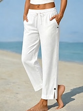  Mulheres Calças de linho Calça casual Calças Cropped Chino Comprimento total Natural Tecido Cor Sólida Bolsos Confortável Conforto Sem Elasticidade Férias Formal Casual / Diário Azul Branco Cinzento