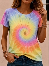 cheap Floral tee-Women's T Shirt Print Ombre Tie Dye Casual Short Sleeve Round Neck Regular Tops Casual Daily Yellow Rainbow Apricot Summer Spring Fall Winter