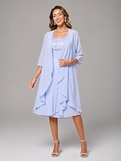 economico Set di abiti per la mamma-Due Pezzi Linea ad A Lunghezza al ginocchio Abito da invitata a nozze Abito da cerimonia per signora Senza Maniche Collo a U Elegante Ospite di nozze Ricevimento di matrimonio Chiffon Pizzo Abiti con