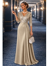 abordables שמלות ערב לאירועים-A-Line Floor Length Ball Gown with Cape Evening Gown Elegant Glittering Silky 3/4 Length Sleeve V Neck Wedding Formal Satin Sequined with Glitter Pleats Sequin