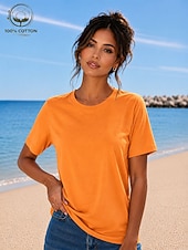 cheap Plain tee-Women's T Shirt Summer Tops Cotton Shirt Tee Top Solid Color Fashion Stylish Basic Short Sleeve Crew Neck Round Neck Regular Tops Casual Daily Beach Blue Khaki Indigo Green with beige Black Summer
