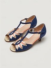 abordables Rétro des années 1950-Escarpins Mary Jane vintage années 1950 pour femme - chaussures bleu marine à bout ouvert et bride en T ornées d'une fleur dorée, idéales pour une soirée à thème rétro.