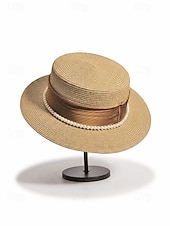 cheap Women's Hats-Women's Flat Top Straw Boater Hat, Pearl Trim Summer Sun Hat, Multiple Colors, Elegant Wide Brim Vacation Beach Hat for Travel, Resort, Garden Party &amp; Daily Wear