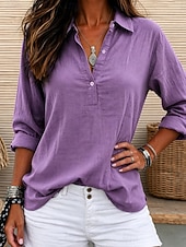  Women's Linen-feel Shirts Blouse Faux Linen Shirt Buttons Solid Color Stylish Casual 3/4 Length Sleeve V Neck Regular Tops Daily White Light Green Pink Purple Summer Spring Fall