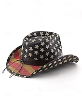  Patriotischer Western-Cowboyhut für Herren, Strohhut aus Polyester mit USA-Flagge und verstellbarem Kinnband, weiß-khakifarbener Sommerhut für Rodeo-Feiern am 4. Juli, dem amerikanischen