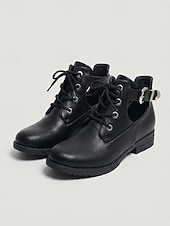 voordelige Botas de combate-Women's Black Cutout Low Heel Combat Boots – Lace-Up Ankle Boots with Adjustable Side Buckle and Durable Non-Slip Sole for Travel and Casual Wear