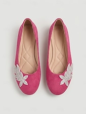 cheap Women's Flats-Women's Rose Pink Floral Ballet Flats – Round Toe Slip-On Shoes with Soft Cushioned Insole, Lightweight Flexible Sole and Rhinestone Flower Accent for Travel, Church and Everyday Wear