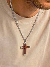 baratos Jóias Masculinas-Colar masculino com pingente de cruz em madeira e liga metálica, corrente em aço inoxidável, joia religiosa, presente para homens maduros, ideal para uso casual no verão, viagens e dia a dia.