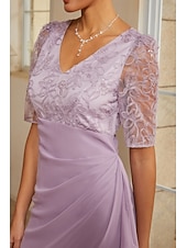 cheap Polished Edit-Women's Sheath Column Cocktail Dress Wedding Guest Dress Ankle Length V Neck Half Sleeve Illusion Sleeve Elegant Mother Of The Bride Semi Formal with Chiffon 3D Floral Mesh Slit Side Draping Lavender