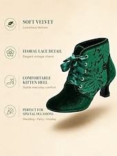  Grüne viktorianische Samt-Ankle-Boots für Damen, Schnürstiefel mit floraler Spitze und Kitten-Heel im Vintage-Stil für Partys, Cosplay und als Hochzeitsgast-Outfit