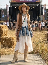 abordables Mujeres-Botas vaqueras de mujer estilo western con flecos, botas beige bordadas a media pantorrilla con tacón grueso para festivales de música al aire libre, conciertos country y fiestas bohemias.
