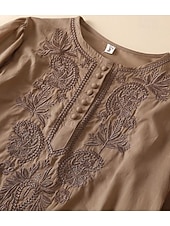 cheap Plain Blouses-Women's Shirt Eyelet Top Boho Shirt Lace Shirt Lace Embroidered Elegant Bohemia Vacation 3/4 Length Sleeve Long Tops Casual Blue White Yellow Orange Brown Summer Spring