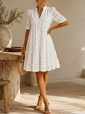 economico Vestito Semplice-Per donna Abito al ginocchio Abito ritagliato Elegante Quotidiano Vestibilità comoda Colore Puro Manica Corta Scollo a V Blu chiaro Nero Bianco Rosa Estate
