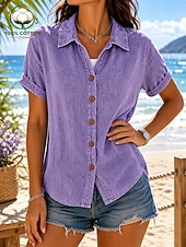  Damenbluse aus 100 % Baumwolle, einfarbig, Vintage-Stil, klassisch, Kurzarm, Umlegeärmel, normale Passform, lässig, alltagstauglich, lila, Sommer, Frühling