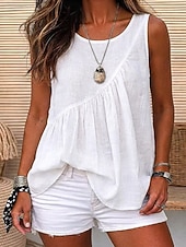  Damen Gewaschene Baumwolle Camisole-Tanktop Gerafft Textur Asymmetrisch Einfarbig Einfach Retro Vintage Ärmellos Rundhalsausschnitt Lange Oberteile Lässig Weiß Hellgrün Sommer Frühling
