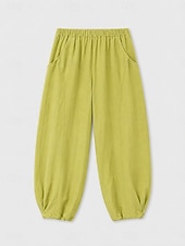 abordables Collection de Lin en Premium-Pantalon bloomer en lin pour femme, taille mi-haute, longueur cheville, poche, ceinture élastique, idéal pour les vacances