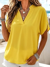 ieftine Bluze simple-Pentru femei Cămașă Topuri de vară Vacanță Epocă Casual Manșon scurt În V Topuri obișnuite Casual Albastru piscină Galben Roșu-aprins Trifoi Roz trandafiriu Vară Primăvară