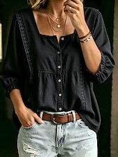  Women's Shirt Blouse Buttons Solid Color Fashion Daily Casual 3/4 Length Sleeve Puff Sleeve Crew Neck Long Tops Casual Light Blue Black Navy Blue Fall