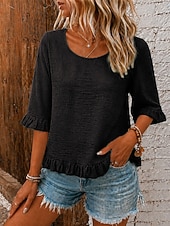 abordables Camiseta lisa-Mujer Blusa Textura Volante Vintage Manga 3/4 Tops regulares Casual Gris azulado Negro Rosa Naranja Verde Trébol Verano Primavera