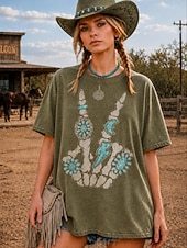 Χαμηλού Κόστους Boho t-shirt-γυναικείο μπλουζάκι από 100% πλυμένο βαμβάκι vintage τοπ με εκτύπωση γραφικό γράμμα vintage μόδα κομψό κοντομάνικο στρογγυλή λαιμόκοψη κανονικές τοπ casual καθημερινό μαύρο ανοιχτό μωβ πράσινο καφέ