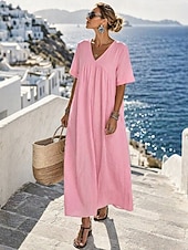  Per donna Abito maxi Abito lavato Vacanza Quotidiano Vestibilità comoda Colore Puro Manica Corta Scollo a V Blu Bianco Giallo Rosa Estate Autunno