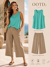  Mulheres Calças com toque de linho Calças Capri Calças Shorts de verão Férias Moda Básico Comprimento total Cintura Alta Côr Sólida Tecido Bolsos Perna larga Cintura elástica Conforto Macio Respirável