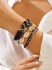 baratos Pulseira Feminina-Conjunto de pulseiras femininas boho em camadas com 8 peças, pingente de estrela-do-mar e concha, em liga dourada, multifilamento, perfeitas para usar na praia, férias de verão e viagens.