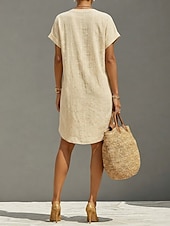  Femmes Robe Longueur Genou Robes en lin ancien Quotidien Mince Uni Manche Courte Col en V Kaki Rouge Orange Été