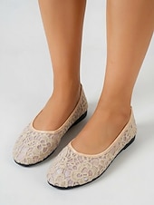 cheap Women's Flats-Women's Almond Crochet Lace Flats – Breathable Floral Mesh Walking Shoes with Lightweight Comfort for Vacation Travel, Cruise Trips,  Garden Parties and Everyday Wear