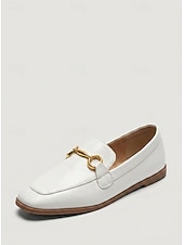 baratos Women's Slip-Ons &amp; Loafers-Women's White Horsebit Loafers, Classic Square-Toe Slip-On Flat Shoes for Office Work, Business Casual, Commuting &amp; Everyday Wear