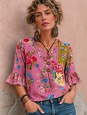 Women's Shirt Patchwork Buttons Print Floral Graphic Vintage Stylish Short Sleeve 3/4 Length Sleeve V Neck Long Tops Casual Daily Holiday Blue White Red Summer Spring