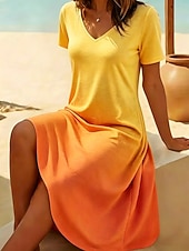 baratos Arte &amp; Design Vestido-Mulheres Vestido no Joelho Vestido T shirt Vestido A Line Férias Casual Boho Praia Normal Gráfico Cores Gradiente Manga Curta Decote V Azul Amarelo Rosa Verde Verão Primavera