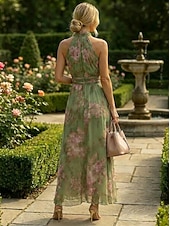 preiswerte Chiffonkleider-Damen Maxikleid Chiffonkleid Elegant Täglich Outdoor Normale Passform Blumen Ärmellos Neckholder Grün Frühling