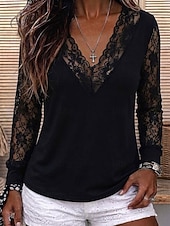  Dam Spets Splicing Top Blus Rynkad Spetskant Slät Elegant Vintage Stylish Långärmad V-hals Långa toppar Ledigt Dagligen Helgdag Svart Vin Marinblå Vinter