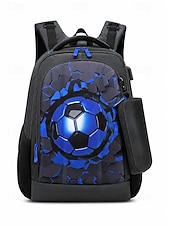 abordables Sacs à dos pour Enfants et Adolescents-Ensemble sac à dos de football pour garçon, sac d'école imperméable en polyester avec trousse, grand sac à dos à compartiments multiples, imprimé football bleu et noir pour l'école, les voyages, le