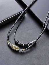 preiswerte Heren sieraden-Men's Bohemian Necklace and Bracelet Set, Black Leather Beaded Jewelry, Antique Metal Accents, Summer Casual Accessory for Men, Perfect for Vacation, Festival, Daily Wear, Multiple Uses