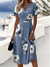 economico Abiti casual floreali-Per donna Abito Midi Abito a Tubino Vacanza Casual Boho Quotidiano Abito Estivo Abito Primaverile Vestibilità regolare Floreale Grafico Foglia Manica Corta Scollo a V Blu Bianco Verde chiaro Verde