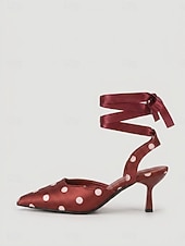 cheap 1950s Retro-Women's 1950s Vintage Polka Dot Kitten Heels - Burgundy Satin Pointed Toe Slingback Pumps with Ribbon Tie for Office, Party &amp; Dating