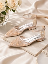 cheap Mother of Bride/Groom-Women's Simple and Elegant White Lace Flat Wedding Shoes for Mother of the Bride with Pearl Drop Charm Ankle Strap