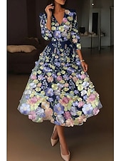 preiswerte Cocktailkleider-A-Linie Tee-Länge Cocktailkleider Elegant Vintage Blumen Halbarm V Ausschnitt Hochzeit Formell Rosa Kleid Satin Spitze mit Stickerei Tasche
