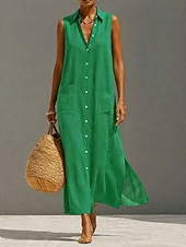  Women's Maxi long Dress Linen Dresses Vintage Daily Vacation Loose Fit Plain Sleeveless Shirt Collar Green Summer
